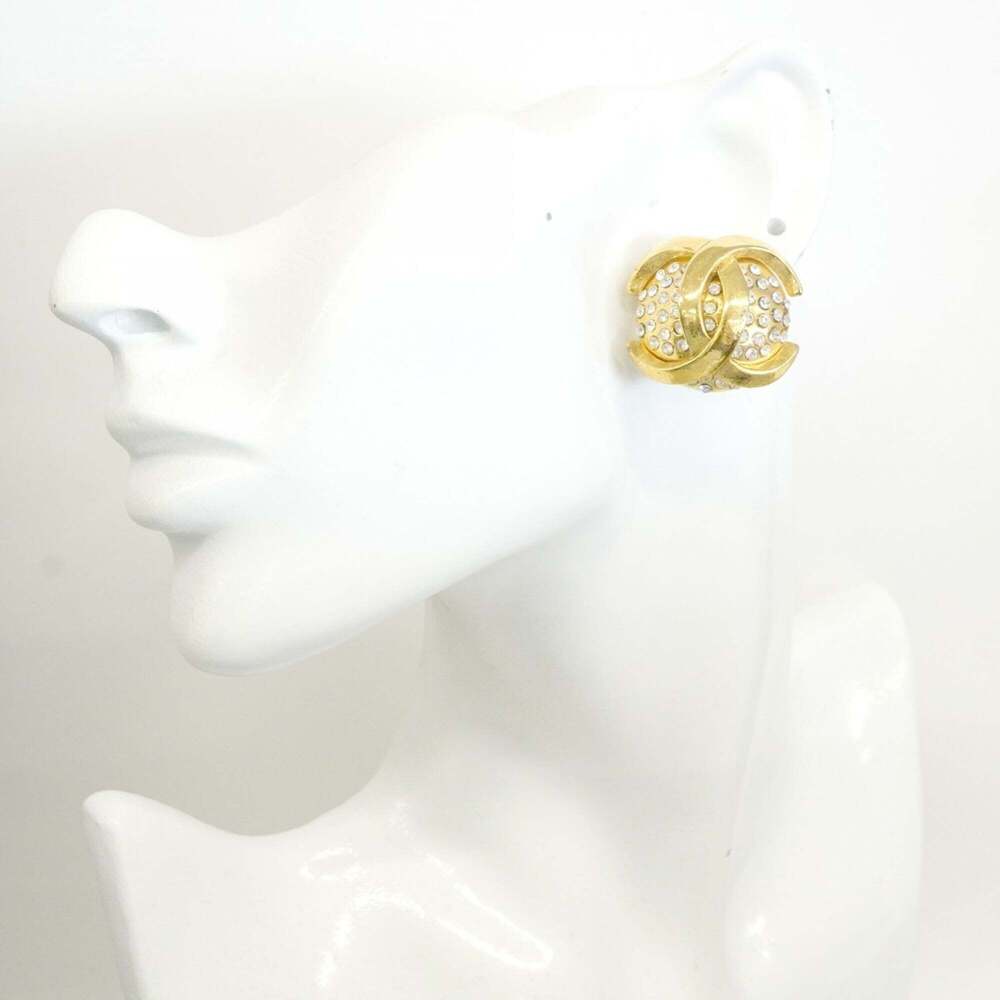 Chanel Earrings, Coco Mark Circle, GP Plated, Rhinestone, Gold, Women's - Picture 5 of 10